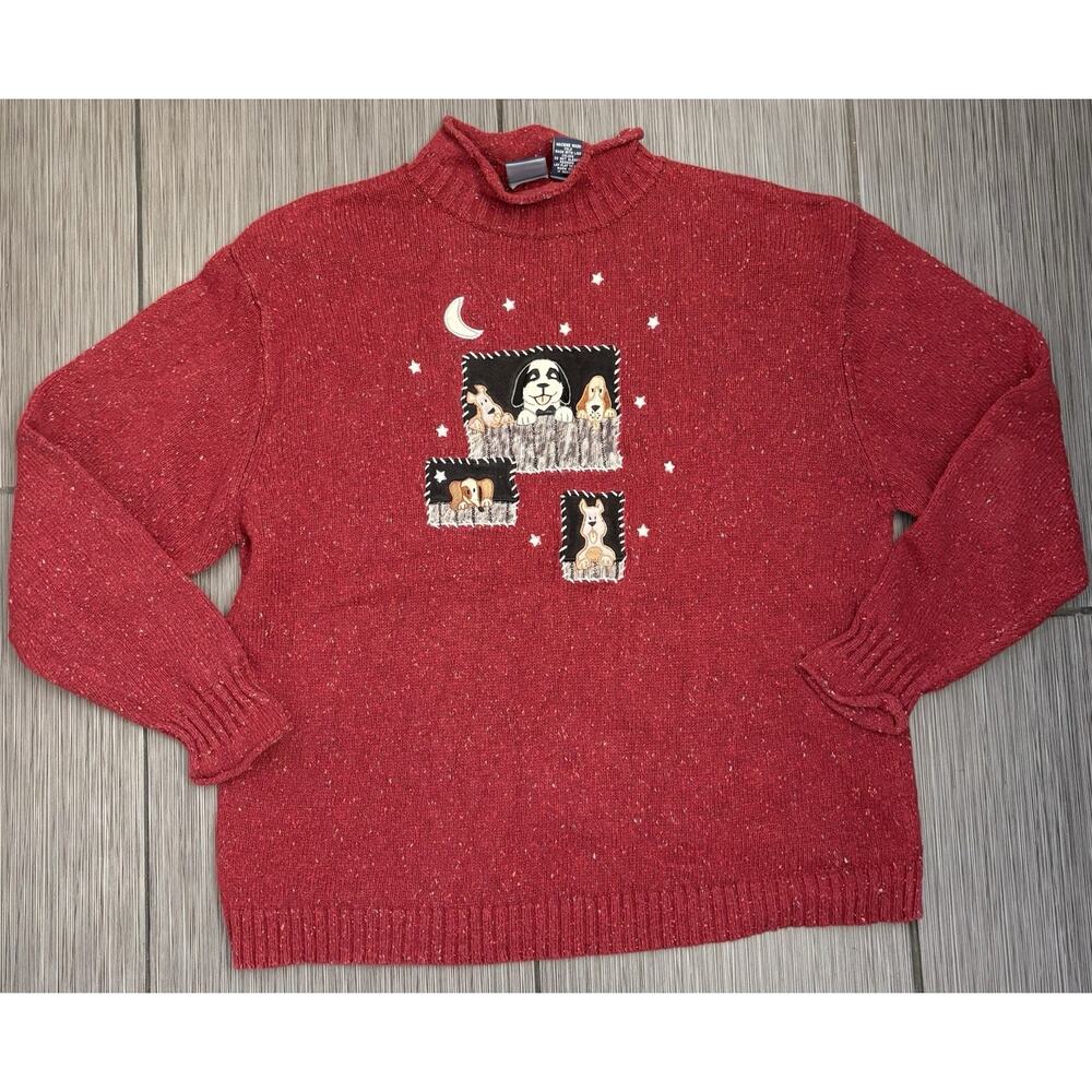 Vintage Big Dogs Women’s Burgundy Dog Print Sweater Size Large Mock Neck